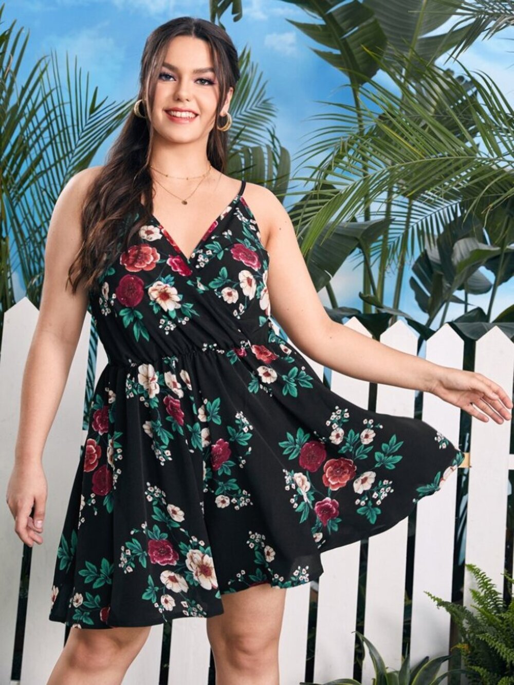 Floral Print Wrap Cami Romper - Size 1X